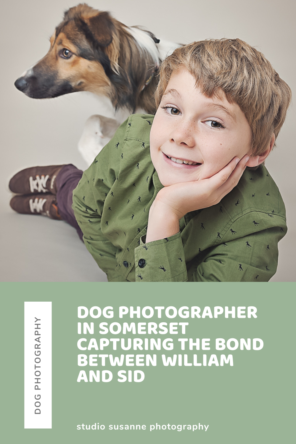 Boy and collie dog posing for somerset photographer